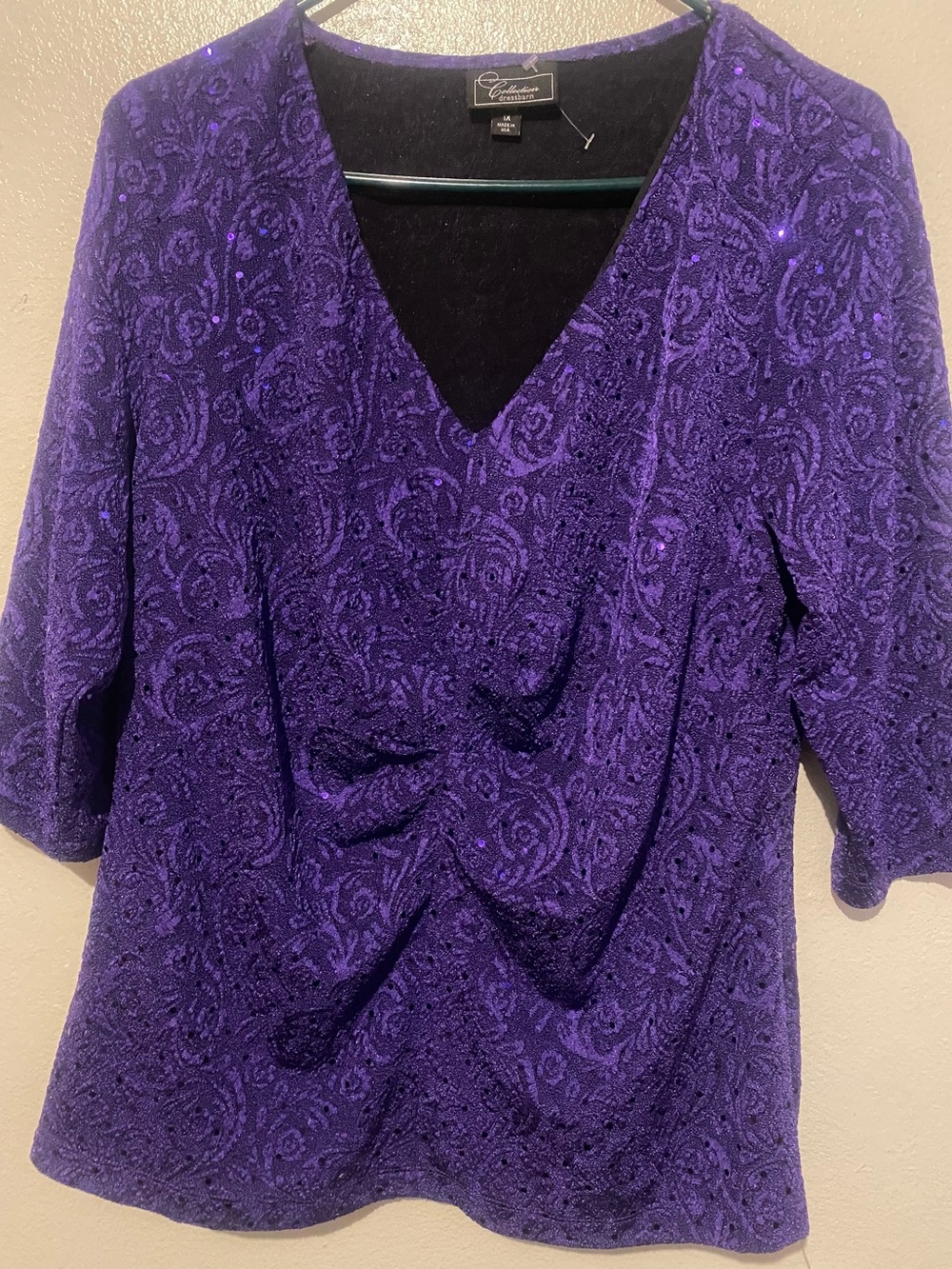Dress Barn Purple V‑Neck Paisley Sparkle Blouse